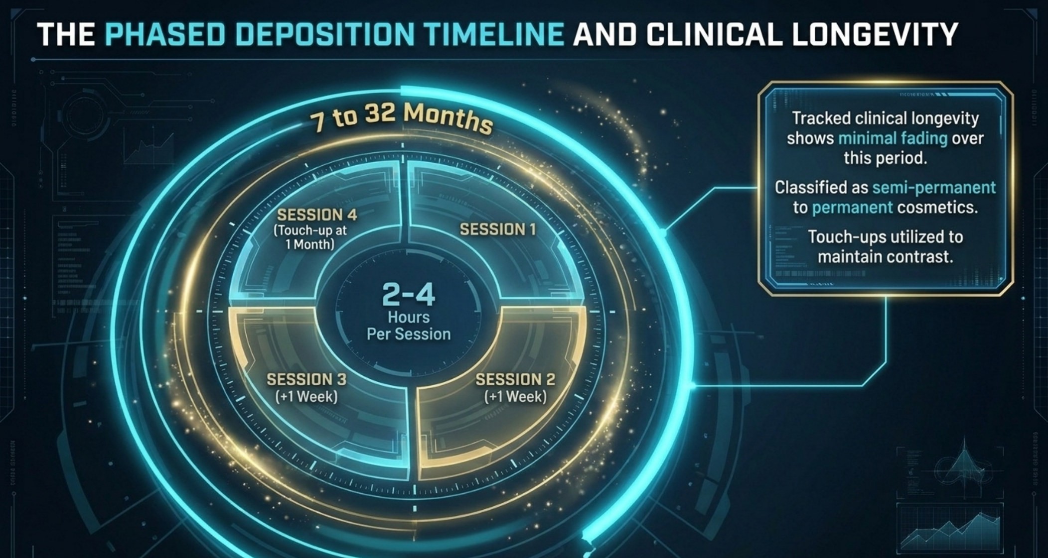 Phased SMP deposition timeline showing four sessions across roughly five weeks and a 7-to-32-month tracked longevity window