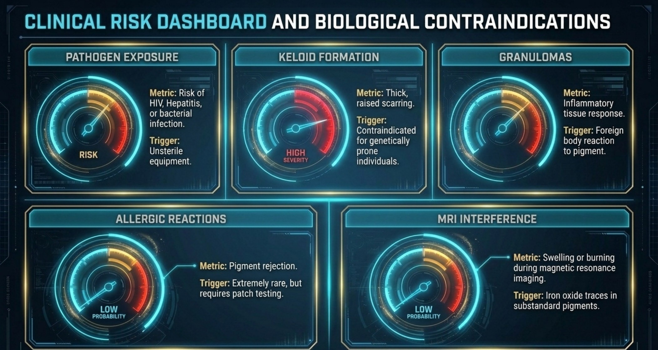 Clinical risk dashboard grading pathogen exposure, keloid formation and granulomas as high severity against low-probability allergic reaction and MRI interference